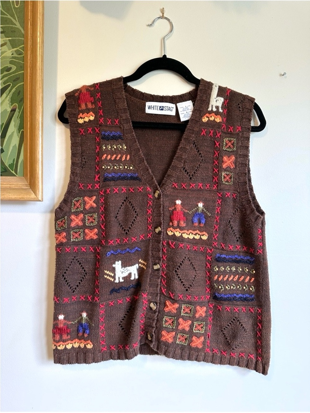 White Stag Vintage Novelty Embroidered Knit Sweater Vest Womens Large Brown